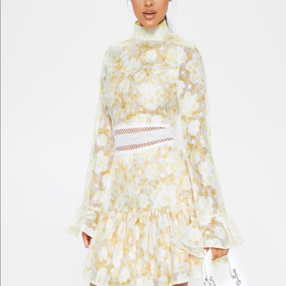 NWT PLT Yellow Floral High Neck Frill Hem Dress